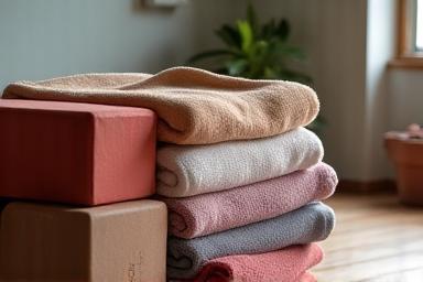 Yoga props like blocks and blankets stacked neatly