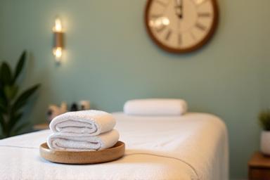 Massage therapy room with clean, peaceful setup