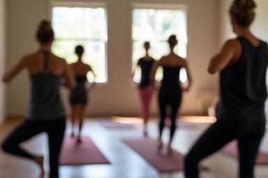 Yoga class in progress with students in a pose